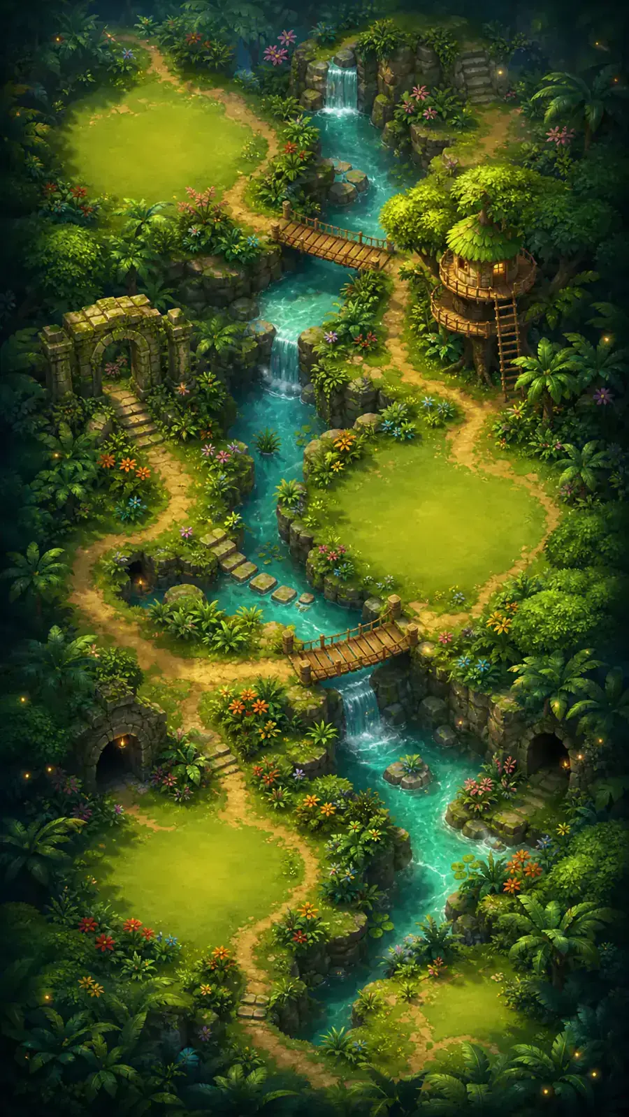 The Jungle School map: a winding trail through a jungle with waterfalls, bridges and a treehouse