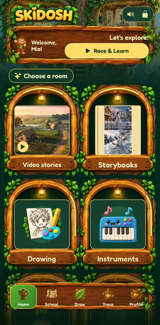 The Skidosh Kids Home with rooms for stories, drawing, instruments, games and math