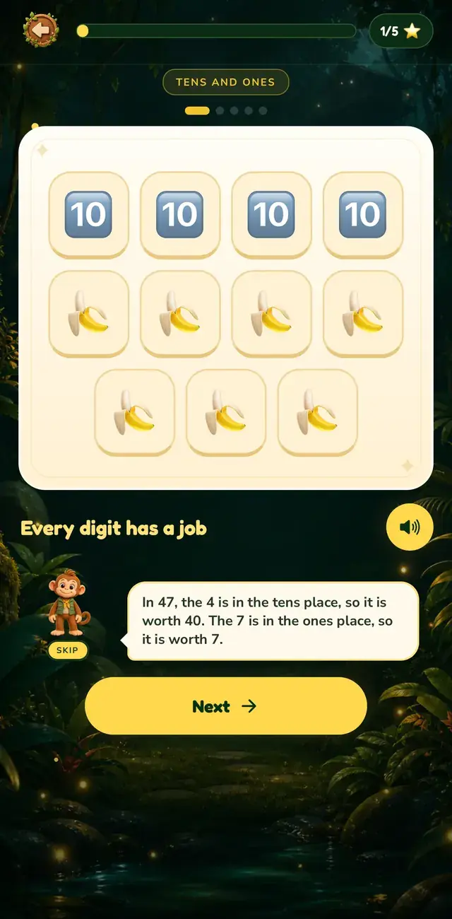 A Jungle School math lesson about tens and ones, with Math Monkey explaining