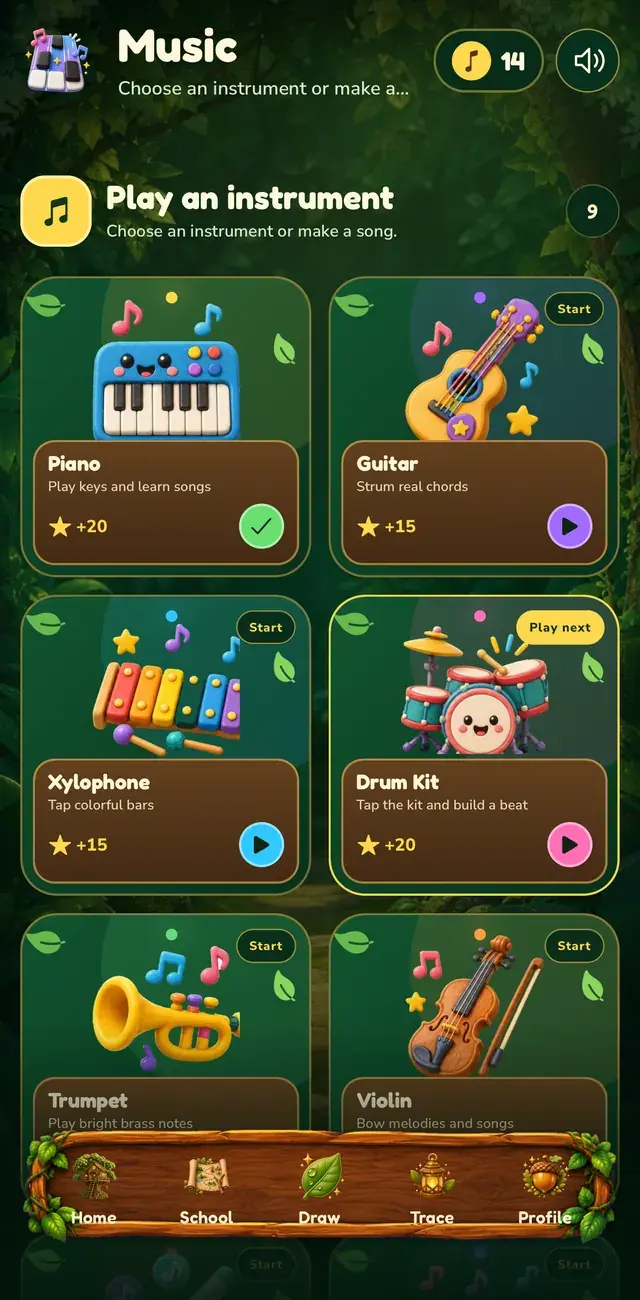 The Music hub with playable instruments