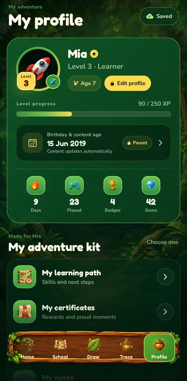 A child's profile with level, streak and badges