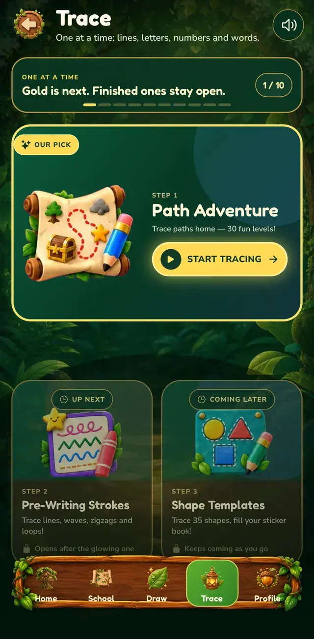 The Trace hub showing Path Adventure and Pre-Writing Strokes